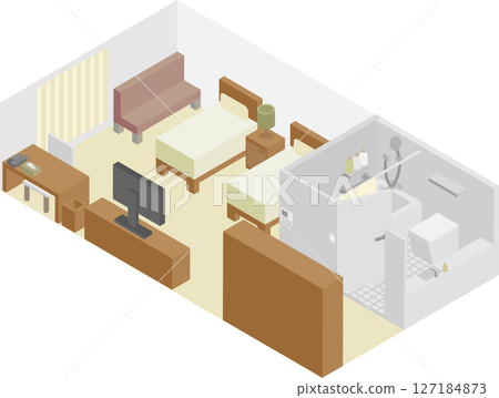 Image of an isometric hotel room twin room 127184873
