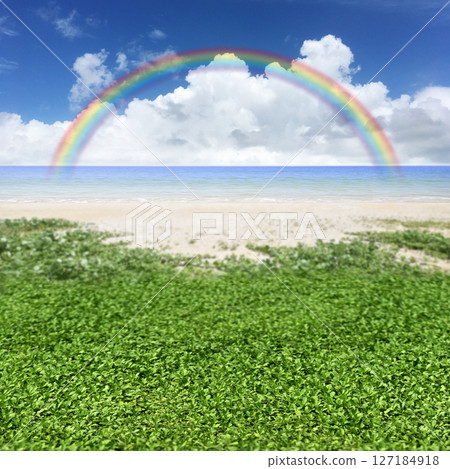 沙灘、藍天和彩虹背景,令人興奮的海上夏日奇幻風景 沙灘、藍天和彩虹背景,令人興奮的海上夏日奇幻風景 127184918