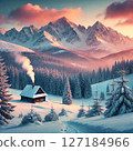 Mountain hut in the snow at sunset 127184966