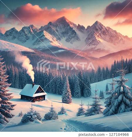 日落時雪中的山間小屋 127184966