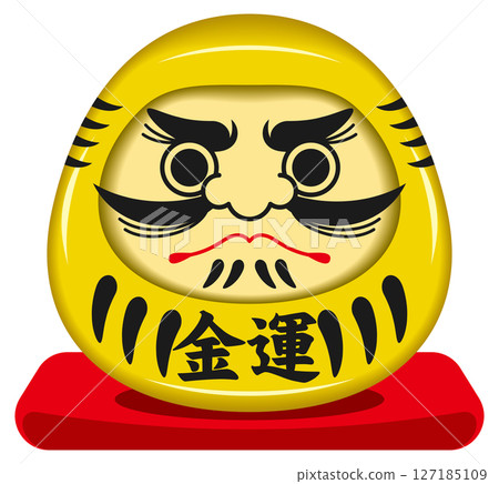 Illustration of a lucky daruma doll sitting on a red cushion 127185109