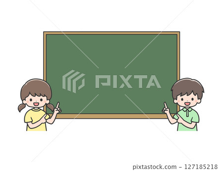 Girl and boy pointing at blackboard, upper body 127185218
