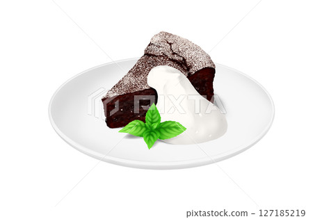 Chocolate cake and fresh cream served on a plate 127185219