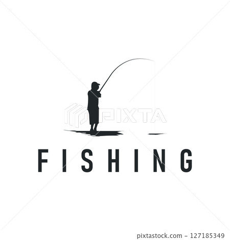 fishing logo concept black silhouette angler with his fishing rod simple symbol template design fishing logo concept black silhouette angler with his fishing rod simple symbol template design 127185349