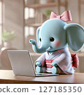 An elephant wearing a kimono looking at a computer 127185350