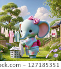 An elephant wearing a kimono hanging out laundry in a beautiful garden under a blue sky 127185351