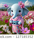 Kimono-clad elephant in a cosmos field 127185352