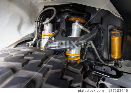 Front suspension system and drive shaft of 4WD off road suv car . Front suspension system and drive shaft of 4WD off road suv car . 127185446