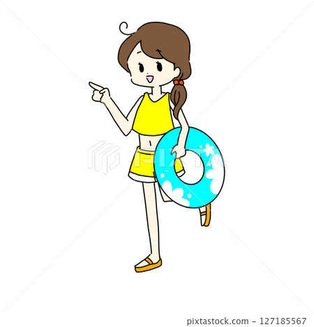 A woman in a swimsuit walking with a swim ring 127185567
