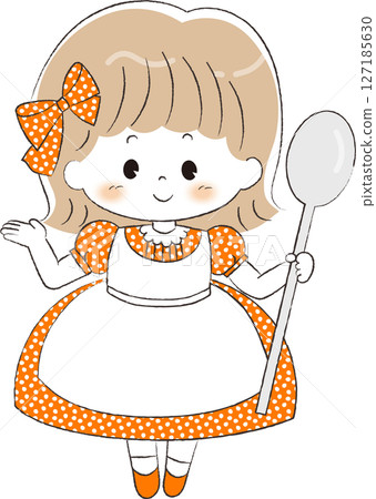 A girl wearing a dress holding a large spoon 127185630