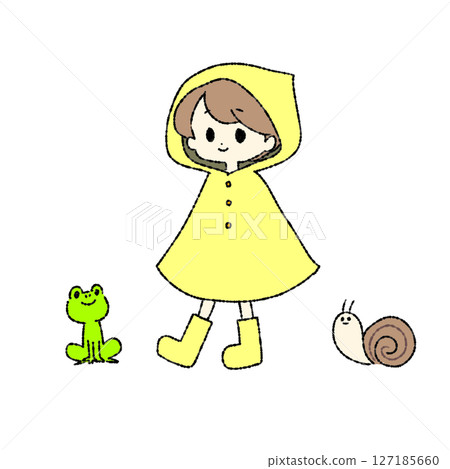 A boy in a yellow raincoat with a frog and a snail 127185660