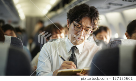 A Japanese businessman thinking on the plane 127185661