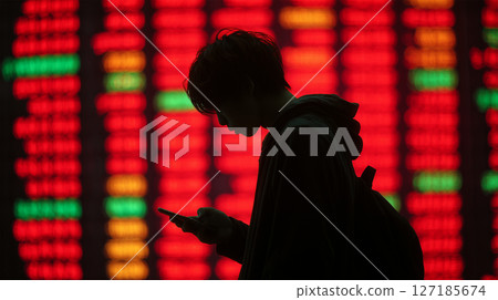 一名學生在股票價格板前看著他的智慧型手機 127185674