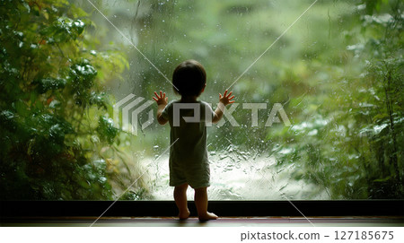 日本孩子注視雨水的純真目光 日本孩子注視雨水的純真目光 127185675