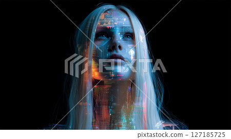 A woman's face surrounded by digital data 127185725