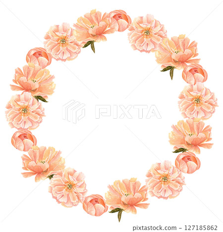 Peony flower head in soft peach tones watercolor round frame. Hand-painted wreath perfect for wedding invitations, feminine branding, packaging, fabric design, stationary and cards. Coral charm color Peony flower head in soft peach tones watercolor round frame. Hand-painted wreath perfect for wedding invitations, feminine branding, packaging, fabric design, stationary and cards. Coral charm color 127185862