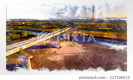 Sketch-style sketch landscape beautiful aerial view drone photography sky mountain midair floating fantastic drone 127186013