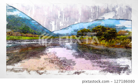 素描風格素描風景唯美鳥瞰無人機攝影天空山脈半空中漂浮夢幻無人機 127186080