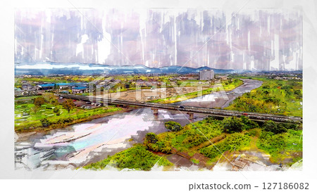 Sketch-style sketch landscape beautiful aerial view drone photography sky mountain midair floating fantastic drone 127186082