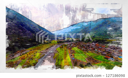 Sketch-style sketch landscape beautiful aerial view drone photography sky mountain midair floating fantastic drone 127186098