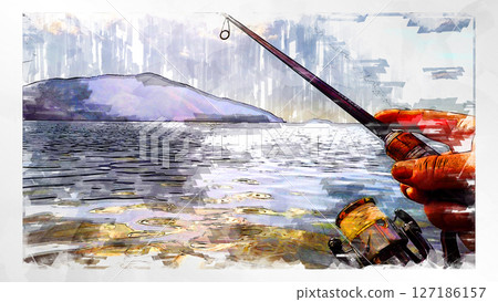 Sketch-style sketch landscape beautiful aerial view drone photography sky mountain midair floating fantastic drone 127186157