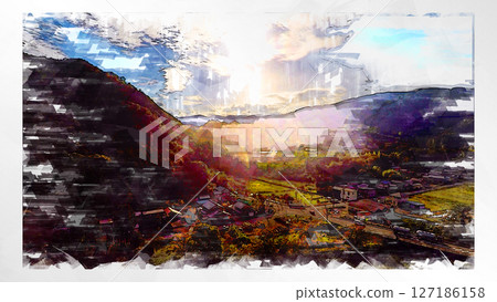 Sketch-style sketch landscape beautiful aerial view drone photography sky mountain midair floating fantastic drone 127186158