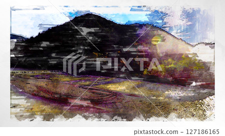 Sketch-style sketch landscape beautiful aerial view drone photography sky mountain midair floating fantastic drone 127186165