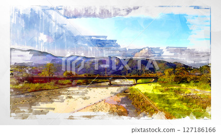 Sketch-style sketch landscape beautiful aerial view drone photography sky mountain midair floating fantastic drone 127186166