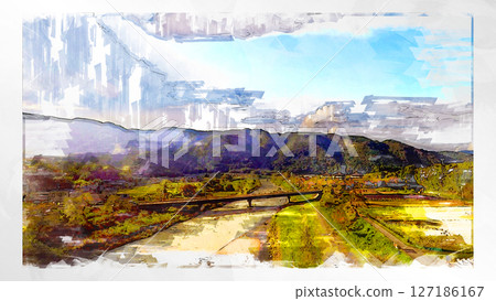 Sketch-style sketch landscape beautiful aerial view drone photography sky mountain midair floating fantastic drone 127186167