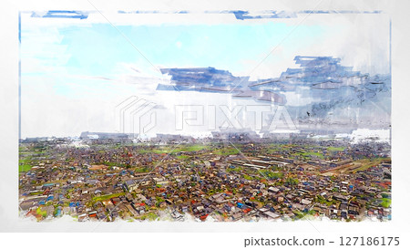 素描風格素描風景唯美鳥瞰無人機攝影天空山脈半空中漂浮夢幻無人機 127186175