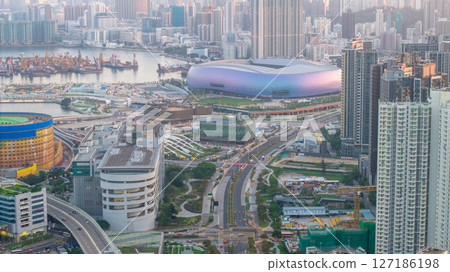 June 6 2025 Skyline at Sunset with Vibrant Urban Buildings and Harbor View 127186198