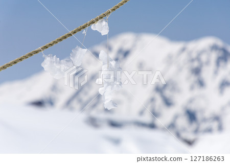 Spring snow scene at Tateyama Murodo, icicles hanging from a rope 127186263