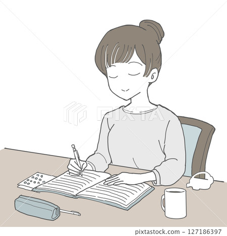 Woman filling out a notebook with eyes closed 127186397