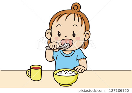 Cute illustration of a toddler eating rice with his hands 127186560