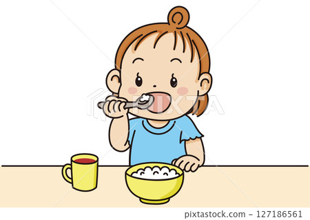 Illustration material of a cute toddler eating rice with a spoon in the wrong hand Illustration material of a cute toddler eating rice with a spoon in the wrong hand 127186561