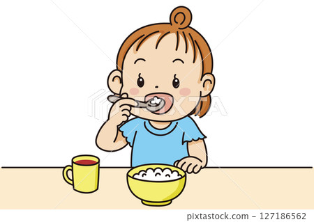 一個孩子拿著湯匙和鉛筆吃米飯的可愛插圖 127186562