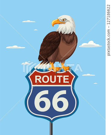 Eagle Perched on Route 66 Sign Illustration 127186622