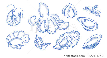 Linocut featuring shrimp, octopus, clams, and oysters on a white background 127186736