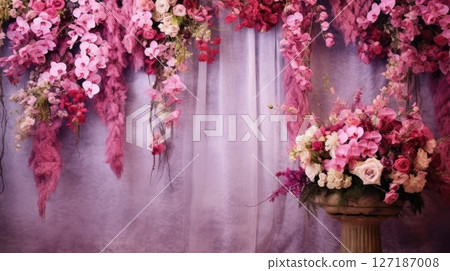 Elegant Floral Arrangement with Cascading Pink Orchids and Roses 127187008