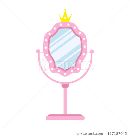 Princess mirror. Small table mirror for applying women makeup. Furniture for princess or royal room interior. Vintage Vector illustration in flat cartoon style Princess mirror. Small table mirror for applying women makeup. Furniture for princess or royal room interior. Vintage Vector illustration in flat cartoon style 127187045