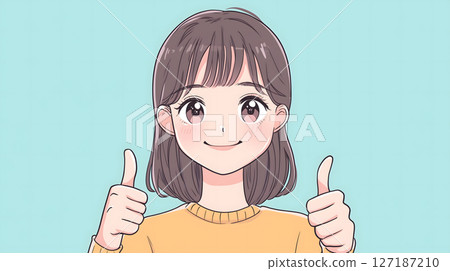 Illustration of a smiling woman giving a thumbs up (generated by AI) 127187210
