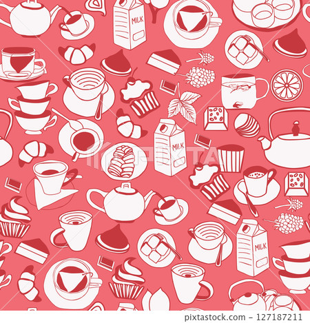 pattern of  kitchen utensils  teapots, tea cups, milk 127187211