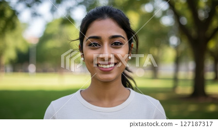 Smiling South Asian Woman with Black Hair in White Top Standing Outdoors in Green Park 127187317