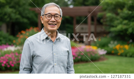 Smiling Retired East Asian Man in Glasses Standing in a Peaceful Flower Garden Smiling Retired East Asian Man in Glasses Standing in a Peaceful Flower Garden 127187331