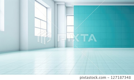 Minimalist Modern Interior with Large Windows and a Blue Accent Wall 127187348