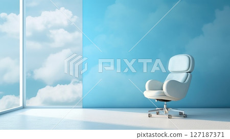 Modern Lounge Chair in Minimalist Sky-Themed Interior with Large Window View 127187371