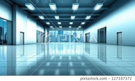Modern Empty Office Space with Large Windows and City Skyline View 127187372