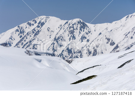 In the spring of April, the majestic snowscape of the pure white Tateyama mountain range spreads out majestically under the blue sky. 127187418