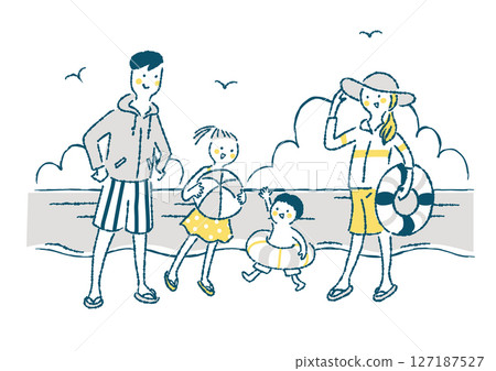 Illustration of a family of four in swimsuits enjoying swimming in the sea Illustration of a family of four in swimsuits enjoying swimming in the sea 127187527