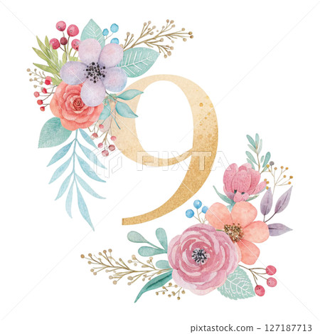 numbers alphabet and flowers white background 127187713